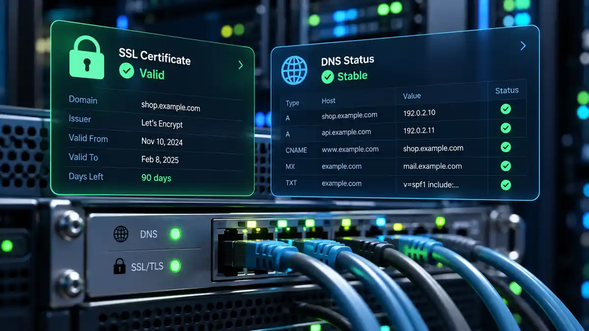 نمایش تأیید گواهی SSL و پایداری تنظیمات DNS در محیط فنی